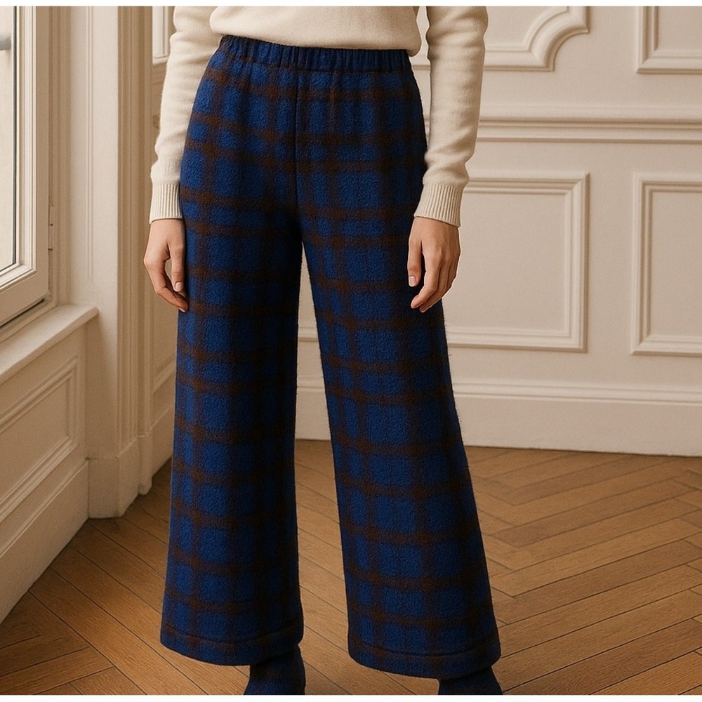 Comme des Garcons Plaid Pants Wool Blend‎ Cropped Blue Brown Cozy